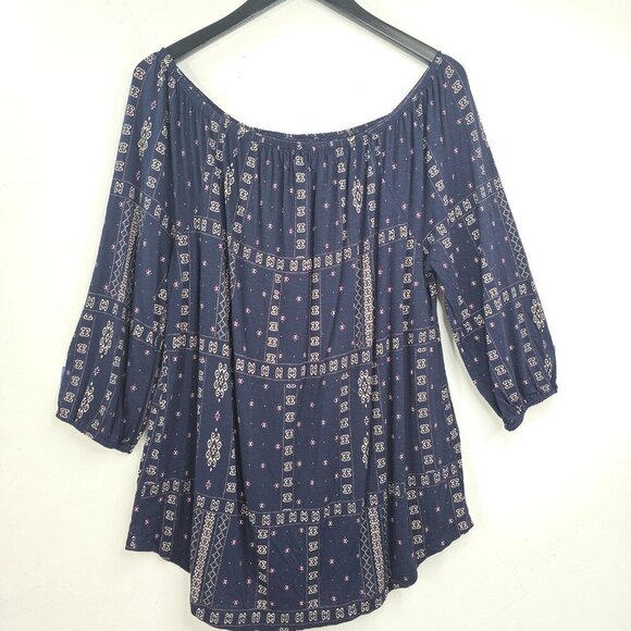 Maurices Navy Blue Tan Aztec Print Off Shoulder Slinky Relaxed Fit Tunic Top - Picture 4 of 6